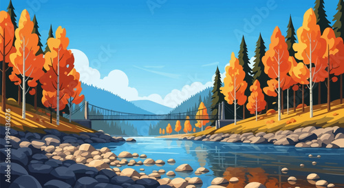 Vector illustration of a scenic autumn landscape featuring a calm river with pebbles, a suspension bridge, colorful orange fall trees, and distant mountains under a blue sky.