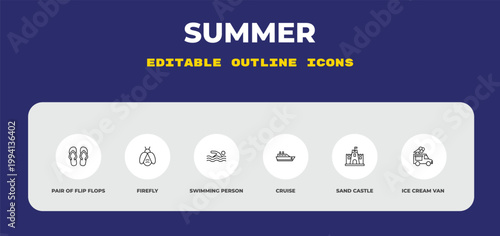 outline summer icons set - pair of flip flops, firefly, swimming person. editable vector for web and mobile ui