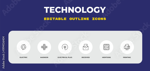 outline technology icons set - electric, naensor, electrical plug. editable vector for web and mobile ui