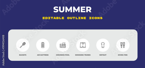 outline summer icons set - rackets, air mattress, swimming pool. editable vector for web and mobile ui