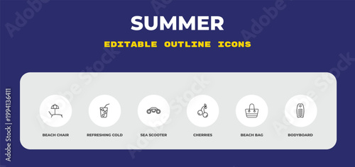 outline summer icons set - beach chair, refreshing cold drink, sea scooter. editable vector for web and mobile ui