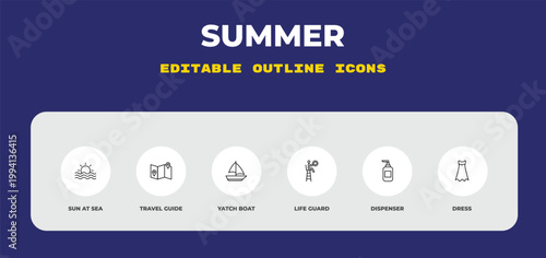 outline summer icons set - sun at sea, travel guide, yatch boat. editable vector for web and mobile ui