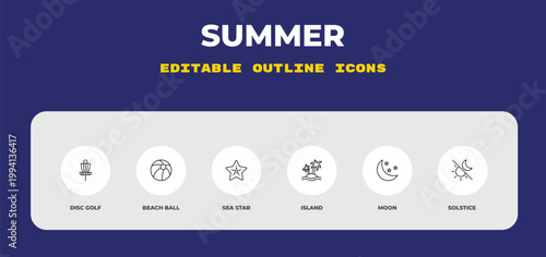 outline summer icons set - disc golf, beach ball, sea star. editable vector for web and mobile ui