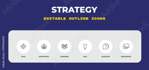 outline strategy icons set - goal, investment, workers. editable vector for web and mobile ui