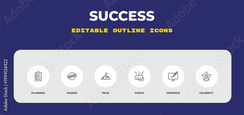 outline success icons set - planning, passed, peak. editable vector for web and mobile ui