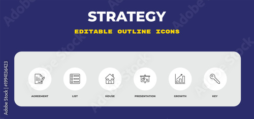 outline strategy icons set - agreement, list, house. editable vector for web and mobile ui