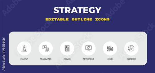 outline strategy icons set - startup, translator, resume. editable vector for web and mobile ui