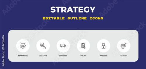 outline strategy icons set - teamwork, analysis, logistics. editable vector for web and mobile ui