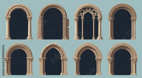 Collection of eight detailed stone architectural archway designs featuring Gothic, Romanesque, and Medieval styles with ornate columns, carved capitals, and decorative masonry.