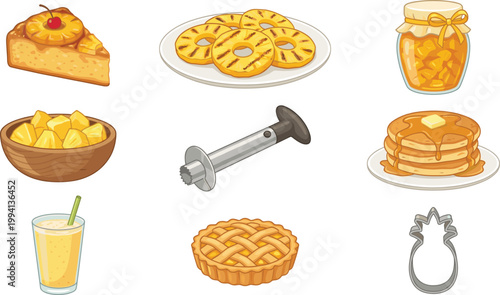Pineapple Food Vector Set with Cake Slices Rings Juice Jam Pancakes Pie and Kitchen Tool Icons for Sweet Tropical Dessert Design