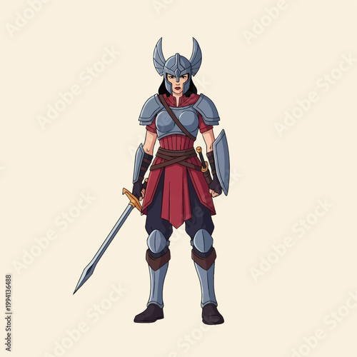 Full-length vector illustration of a female warrior wearing a winged silver helmet and metal armor over a red tunic, holding a sword and shield on a neutral background.