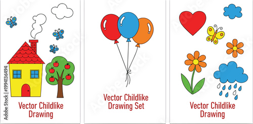Vector childlike drawing set featuring house tree balloons heart flowers butterfly clouds and rain in colorful playful kids doodle style