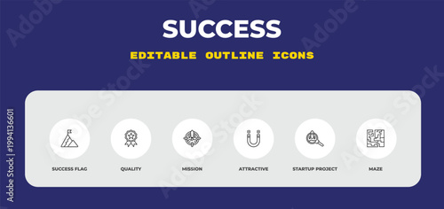 outline success icons set - success flag, quality, mission. editable vector for web and mobile ui
