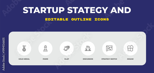 outline startup stategy and icons set - gold medal, pawn, clap. editable vector for web and mobile ui