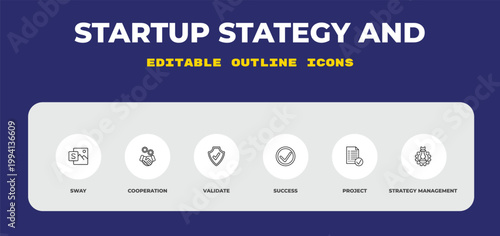 outline startup stategy and icons set - sway, cooperation, validate. editable vector for web and mobile ui