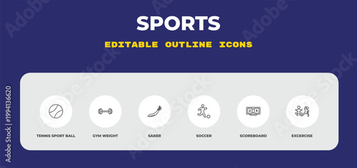 outline sports icons set - tennis sport ball, gym weight, saber. editable vector for web and mobile ui