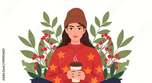 Vector illustration of a young woman in a red sweater with orange star patterns and a brown beanie, holding a hot drink cup with steam, framed by green leaves and red berries.