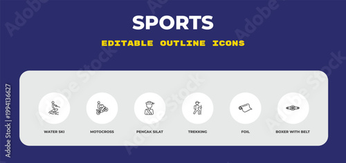 outline sports icons set - water ski, motocross, pencak silat. editable vector for web and mobile ui