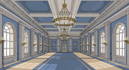 Vector illustration of a grand neoclassical palace ballroom interior with blue walls, white columns, large arched windows, ornate golden chandeliers, and a detailed coffered ceiling.