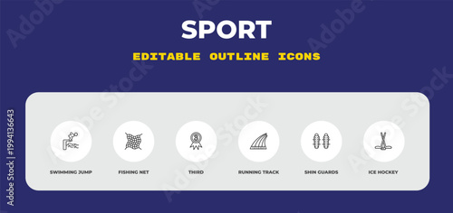 outline sport icons set - swimming jump, fishing net, third. editable vector for web and mobile ui
