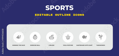 outline sports icons set - winning the race, exercise ball, curling. editable vector for web and mobile ui