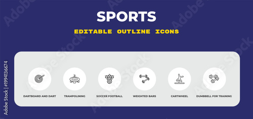 outline sports icons set - dartboard and dart, trampolining, soccer football ball. editable vector for web and mobile ui
