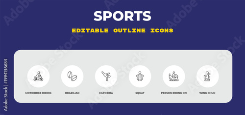 outline sports icons set - motorbike riding, brazilian, capoeira. editable vector for web and mobile ui