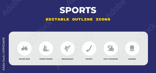 outline sports icons set - racing bike, fisher fishing, breakdance. editable vector for web and mobile ui