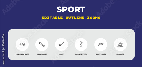 outline sport icons set - running a race, snowboard, golf. editable vector for web and mobile ui