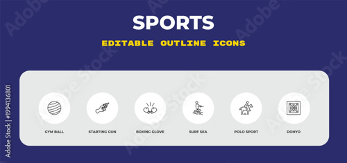 outline sports icons set - gym ball, starting gun, boxing glove. editable vector for web and mobile ui
