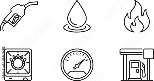 Energy icons with fuel pump drop flame stove meter and gas station Isolated on white background