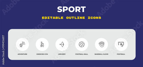 outline sport icons set - adventure, exercise gym, archery. editable vector for web and mobile ui