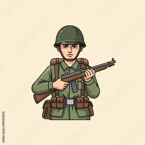 Vector illustration of a vintage mid-20th century soldier wearing a green field jacket, M1 style steel helmet, and canvas webbing pouches, holding a semi-automatic rifle on a plain background.