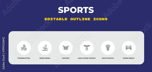 outline sports icons set - powerlifting, skier skiing, estadio. editable vector for web and mobile ui