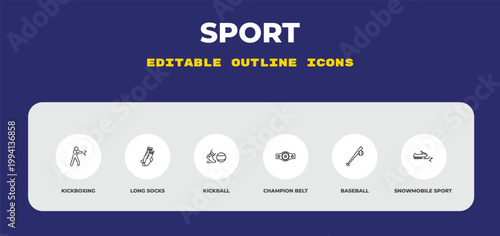 outline sport icons set - kickboxing, long socks, kickball. editable vector for web and mobile ui