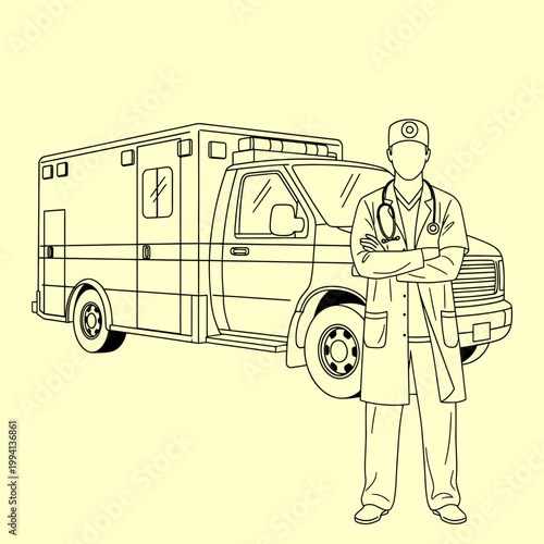 Illustration of a Medical Professional Standing Proudly Next to an Ambulance, Representing Emergency Medical Services and Healthcare Heroes