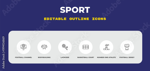 outline sport icons set - football channel, bodybuilding, lacrosse. editable vector for web and mobile ui