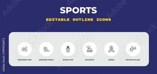 outline sports icons set - swimming man, sprained ankle, world cup. editable vector for web and mobile ui