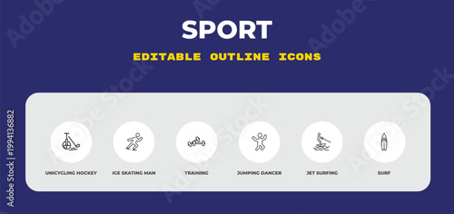 outline sport icons set - unicycling hockey, ice skating man, training. editable vector for web and mobile ui