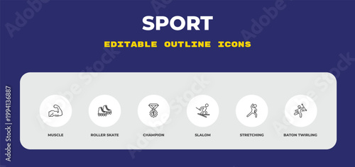 outline sport icons set - muscle, roller skate, champion. editable vector for web and mobile ui