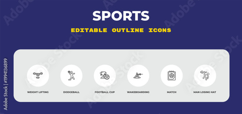 outline sports icons set - weight lifting, dodgeball, football cup. editable vector for web and mobile ui