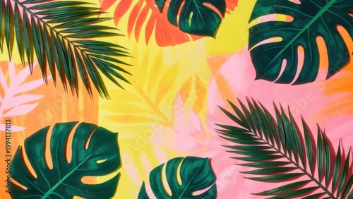 Tropical leaves overlapping on vibrant painted background