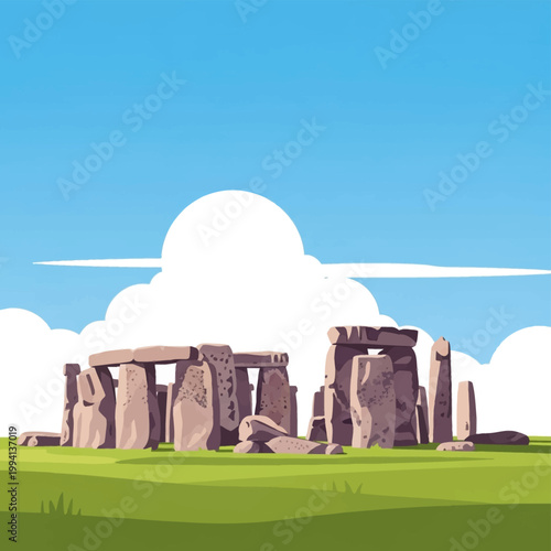 Stylized vector illustration of Stonehenge prehistoric megalithic monument in Wiltshire England with large sarsen stones and trilithons on a green field under a clear blue sky.