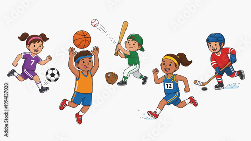 Energetic Diverse Kids Playing Various Sports Soccer Basketball Baseball Hockey Running in Cheerful Cartoon Illustration