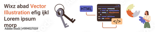 Cybersecurity, programming, coding, web development, data analysis, online security. Keys, code window user and abstract shapes. Cybersecurity and programming concepts portrayed visually