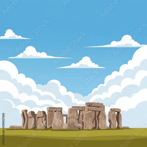 Vector illustration of Stonehenge prehistoric monument in Wiltshire, England, featuring the megalithic standing stones and lintels in a green field under a blue sky with clouds.