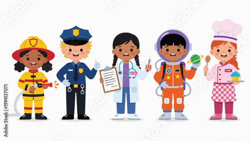 Diverse Happy Kids in Future Career Costumes Firefighter Policeman Doctor Astronaut Chef with Props in Cheerful Cartoon Illustration
