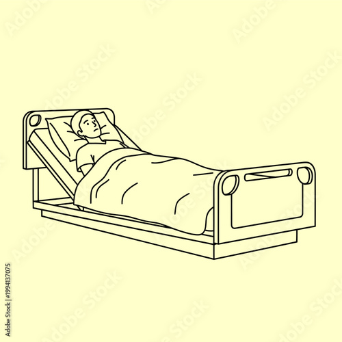 Sick person lying in a hospital bed, medical care and treatment illustration