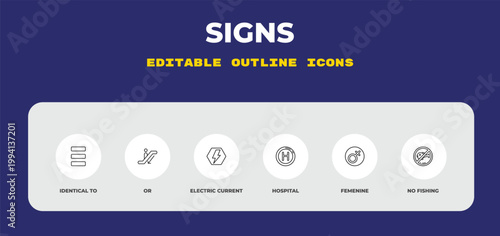 outline signs icons set - identical to, or, electric current. editable vector for web and mobile ui