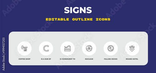 outline signs icons set - coffee shop, is a sub of, is congruent to. editable vector for web and mobile ui
